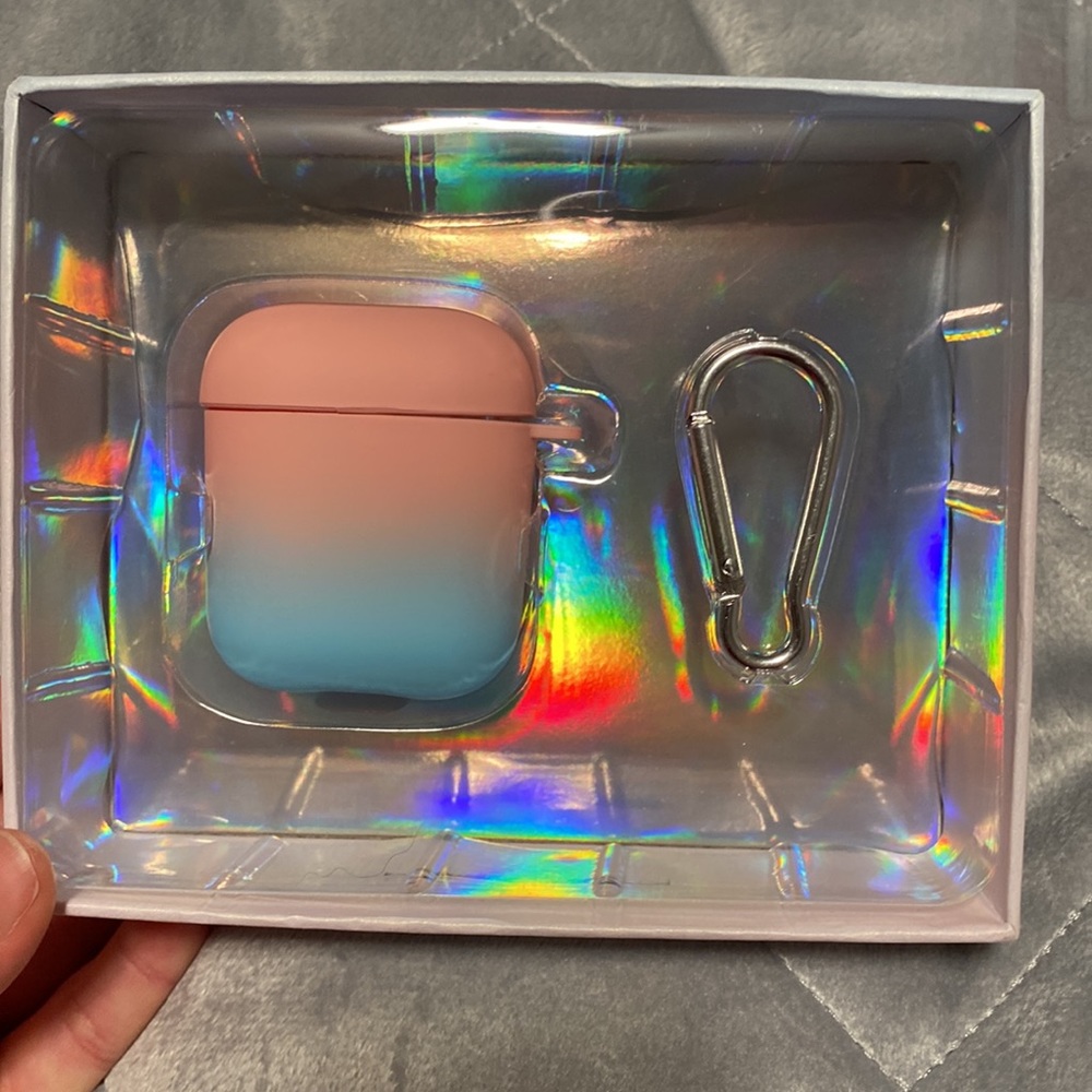 Pink and blue AirPods case with carabiner